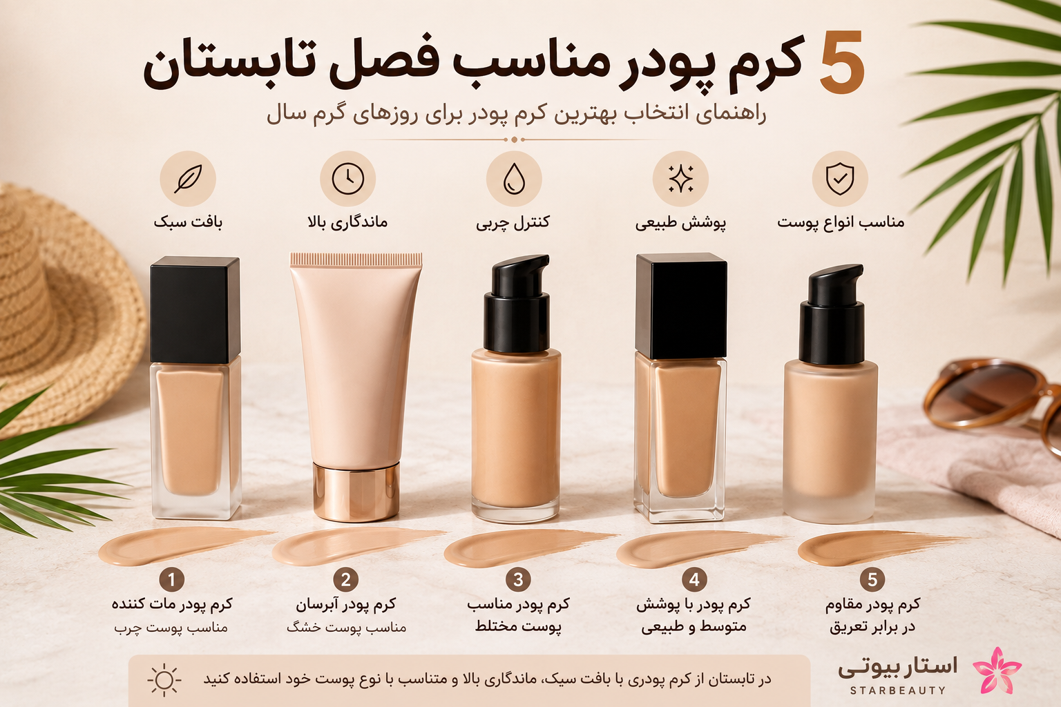 مقایسه 5 کرم پودر مناسب فصل تابستان برای پوست چرب، خشک و مختلط همراه با ویژگی های هر محصول و نکات انتخاب بهترین کرم پودر 